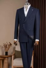 Navy Blue Slim Fit Double-Breasted Suit with Peak Lapels - Image 3