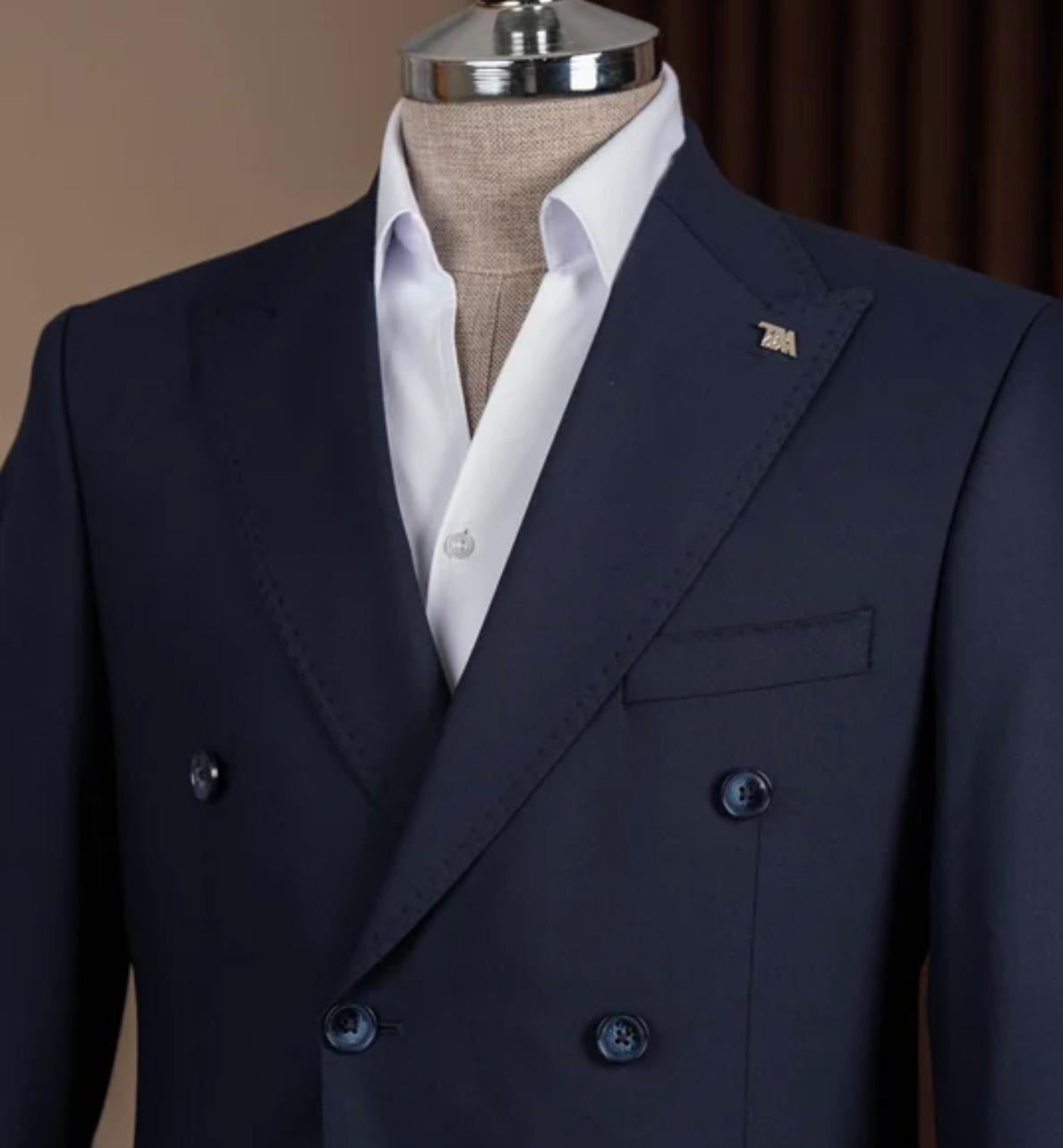 Navy Blue Slim Fit Double-Breasted Suit with Peak Lapels Navy Blue Slim Fit Double-Breasted Suit with Peak Lapels - Image 1